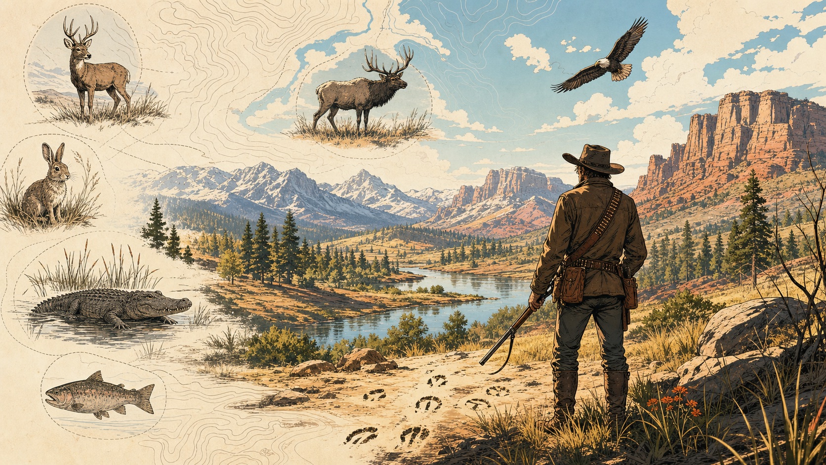 Graphic novel illustration of an RDR2-style hunter overlooking animal habitats and map vignettes.